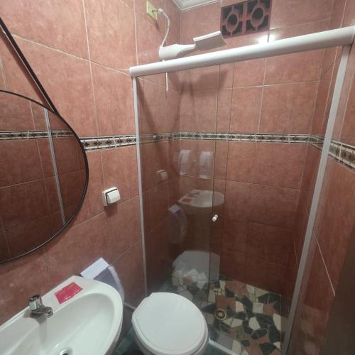 a bathroom with a shower and a toilet and a sink at Arion Hotel Sapopemba in São Paulo