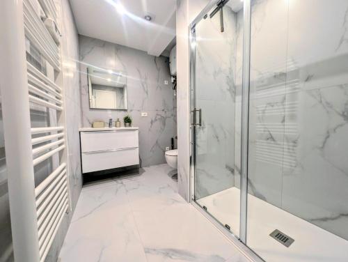 a white bathroom with a shower and a toilet at La Régalide 2 B in Roquebrune-Cap-Martin