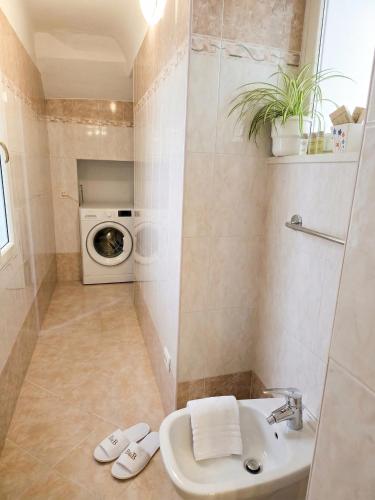 a bathroom with a sink and a washing machine at La Piazza B&B in Vercurago