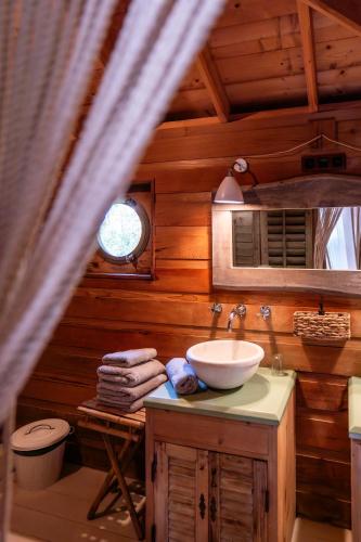 a bathroom with a sink and a mirror at Orion Treehouses in Saint Paul de Vence