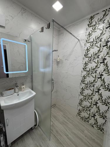 a bathroom with a shower and a sink at Apartment Dragoman 10 in Pleven