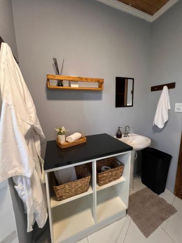 a bathroom with a sink and a counter with a sink at Hospedaria Casa Verde in Itapoa