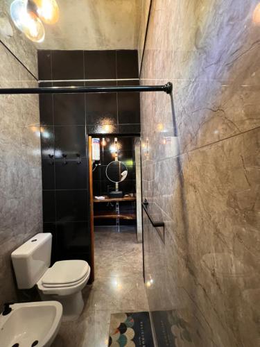 a bathroom with a toilet and a shower and a sink at Arenas Lodge Hotel in Esquina