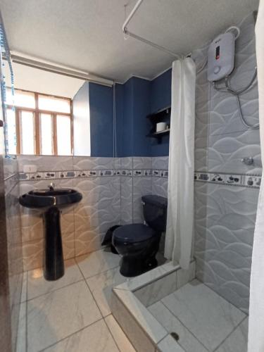 a bathroom with a toilet and a sink at Rumi's Inn in Cusco