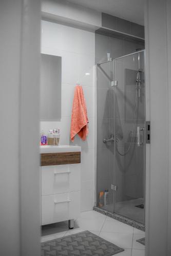 une salle de bain avec douche et porte en verre dans l'établissement Sweet Home, à Kosovo Polje