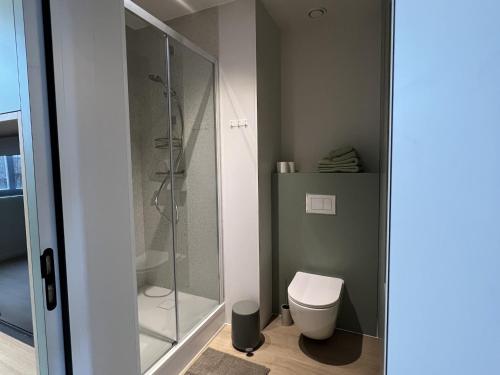 a bathroom with a toilet and a glass shower at Attractive apartment in Bree for 2 guests in Bree