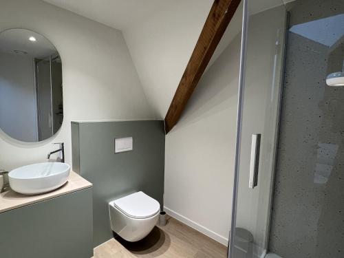 a bathroom with a toilet and a sink and a shower at Inviting apartment in Bree with terrace in Bree
