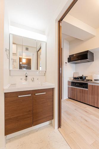 a bathroom with a sink and a mirror and a stove at Mi-Hotel Kameido in Tokyo