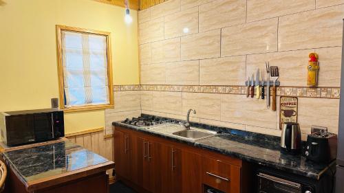 a kitchen with a sink and a counter top at Cabaña Roca Volcán in Melipeuco