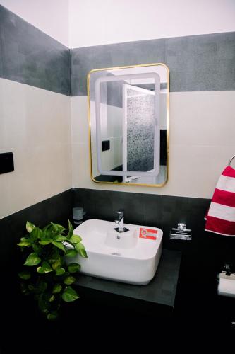 a bathroom with a white sink and a mirror at Paddy Breeze Villa in Batigama