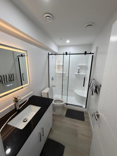 a bathroom with a shower and a sink and a toilet at Granite Grove Suite in Winnipeg