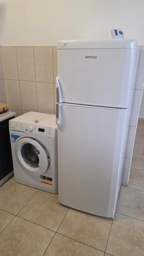 a white refrigerator and a washing machine in a kitchen at Monaco Summerland Apartments in Mamaia