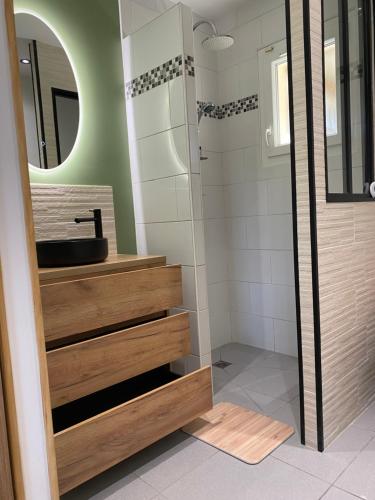 a bathroom with a sink and a mirror at Gîte la pause en baie in Pendé