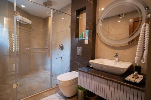 a bathroom with a toilet and a sink and a shower at Sindh Resorts in Srinagar