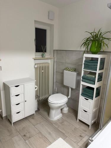 a bathroom with a white toilet and a sink at Ferienwohnung im Grünen in Gößweinstein