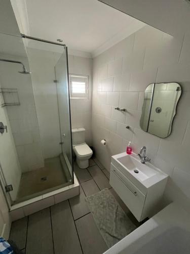 a bathroom with a shower and a sink and a toilet at 87 Marine Drive in Struisbaai