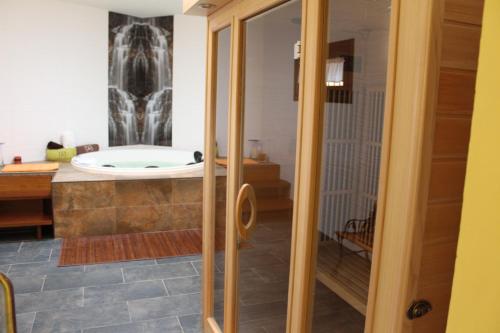 een badkamer met een jacuzzi en een douche bij El Mirador de Alcuneza in Sigüenza