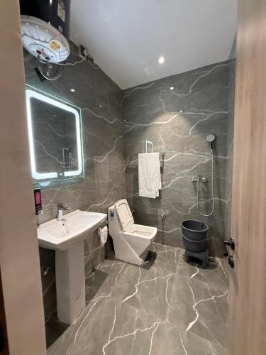 a bathroom with a sink and a toilet at Hotel sky inn in Jalandhar