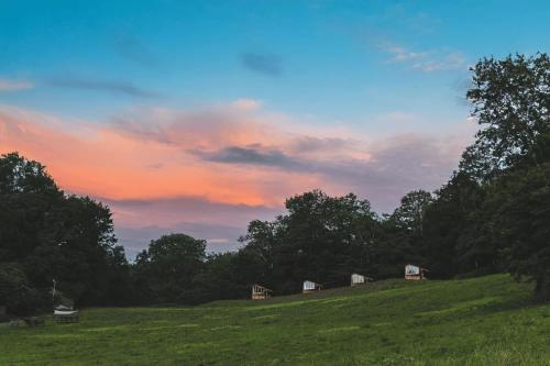 a sunset over a field with trees in the background at Earthboat Minakami Fujiwara in Sudagai