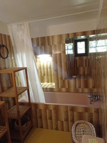 a bathroom with a shower with a curtain and a window at Mas de la Petite Occitane - Cévennes sud in Saint-André-de-Majencoules