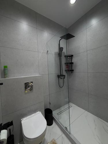 a bathroom with a shower and a toilet at NEST ONE - Floor 15 in Tashkent