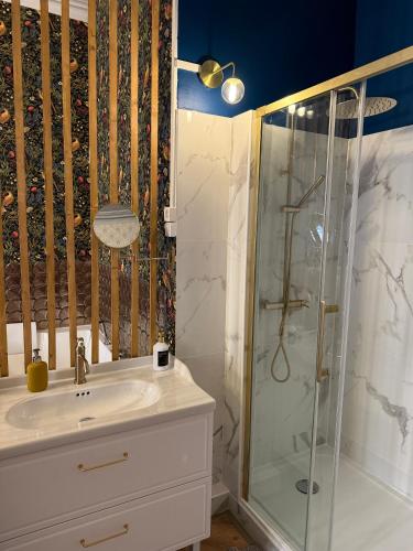 a bathroom with a sink and a shower at Appartement Haussmann Spa et Ciné Experience in Nîmes