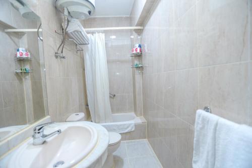a bathroom with a sink and a toilet and a shower at Guardian Guest House in Cairo