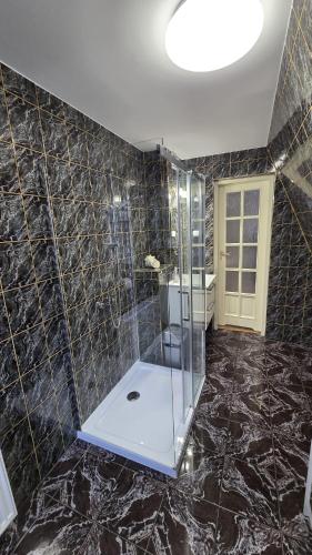 a bathroom with a glass shower and a sink at Willa Rossetówka in Jastrzębia Góra