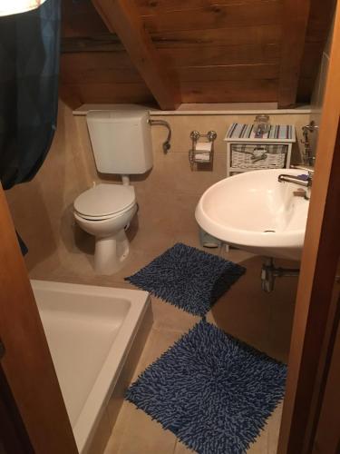 a bathroom with a toilet and a sink with rugs at Vila Lovrečina in Postira