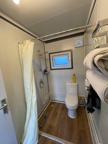 a small bathroom with a toilet in a trailer at Stunning birch tree Lodge in Otley