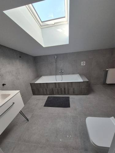 a bathroom with a bath tub and a skylight at Apartament Mickiewicza 6 in Września