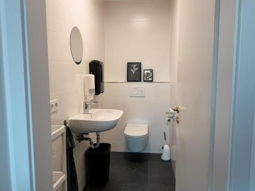 a white bathroom with a sink and a toilet at Comfort Apartment Midami in Schwanau