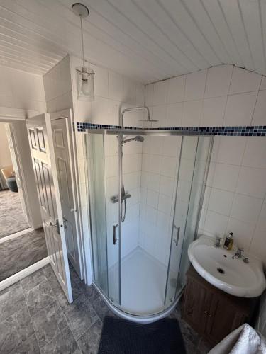 a bathroom with a shower and a sink at Craigport Cottage in Portrush