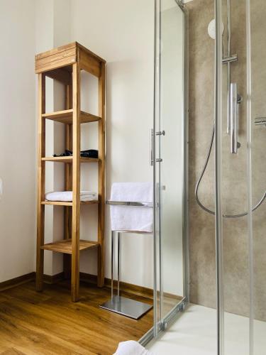 a bathroom with a shower and a glass shower stall at Landhaus Mira in Witzenhausen