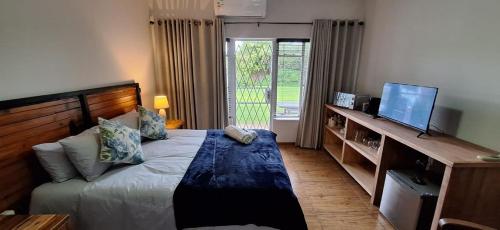 a bedroom with a bed and a tv and a window at Drakensberg Rest in Kimberley