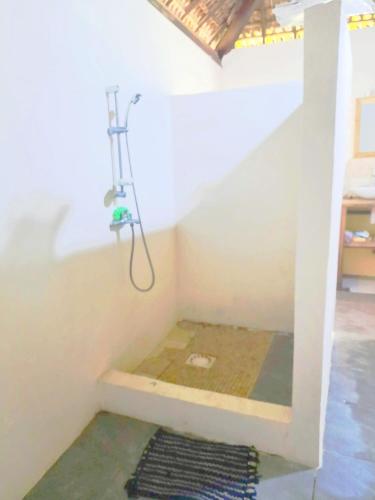 an attic room with a shower and a rug at Chez Rosa in Nosy Be