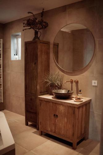 a bathroom with a sink and a mirror at Maison Bellefleur B&B - Pension in Renesse