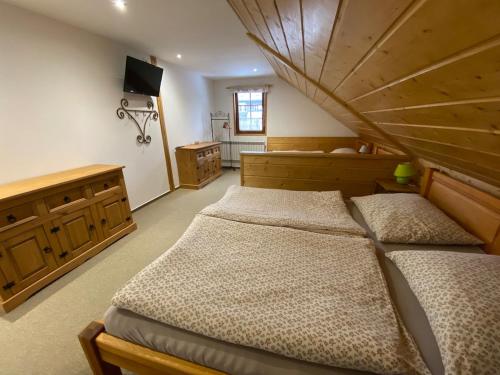 a large bedroom with two beds and a television at Apartmán U Šáfy, Krkonoše in Svoboda nad Úpou
