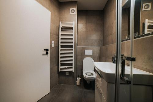 a small bathroom with a toilet and a sink at Apartmán Melissa in Žilina