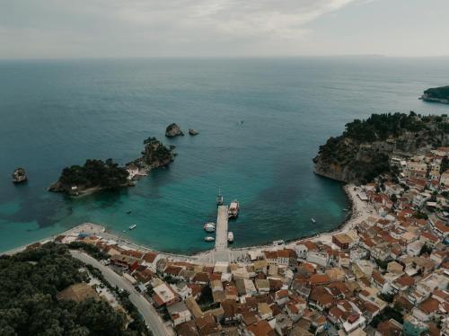 an aerial view of a small island in the ocean at Milto's Studios in Parga