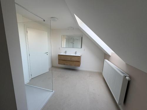 a bathroom with a sink and a glass shower at De Boomgaard in Nieuwerkerken