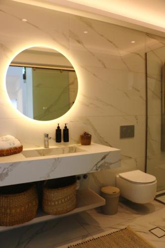 a bathroom with a sink and a toilet and a mirror at Relaxury Villa II in Karpathos
