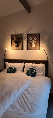 a bedroom with a bed with two pictures on the wall at Het Wellnesstje in Teuge