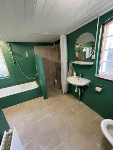 a green bathroom with a sink and a tub at Villa Katry in Augustenborg
