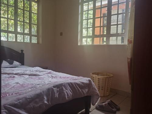 a bedroom with a bed and two windows at Kismet Hideaway in Nairobi