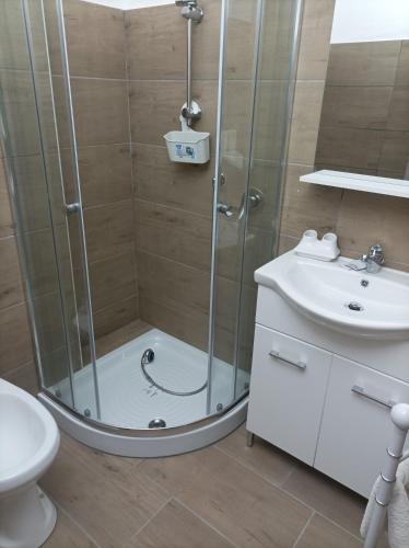 a bathroom with a shower and a sink at Brezza Marina in Cirella