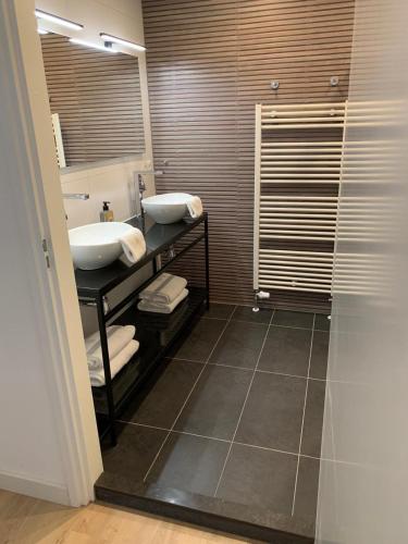 a bathroom with a sink and a mirror and a shower at Villa Veluwe in Putten