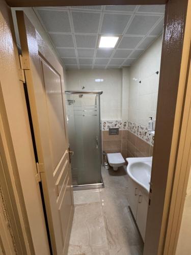 a bathroom with a shower and a sink and a toilet at RENOVA hOTEL FATİH in Istanbul