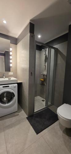 a bathroom with a washing machine and a toilet at Kurzemes Pērle Beach Apartament - Albatross in Ķesterciems