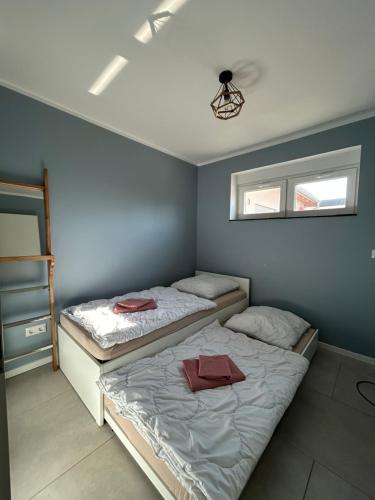 two twin beds in a room with blue walls at Well-being in Eifel in Nettersheim